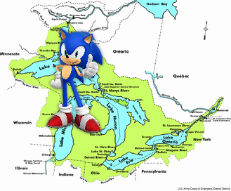 Sonic the Hedgehog on a map of the Great Lakes